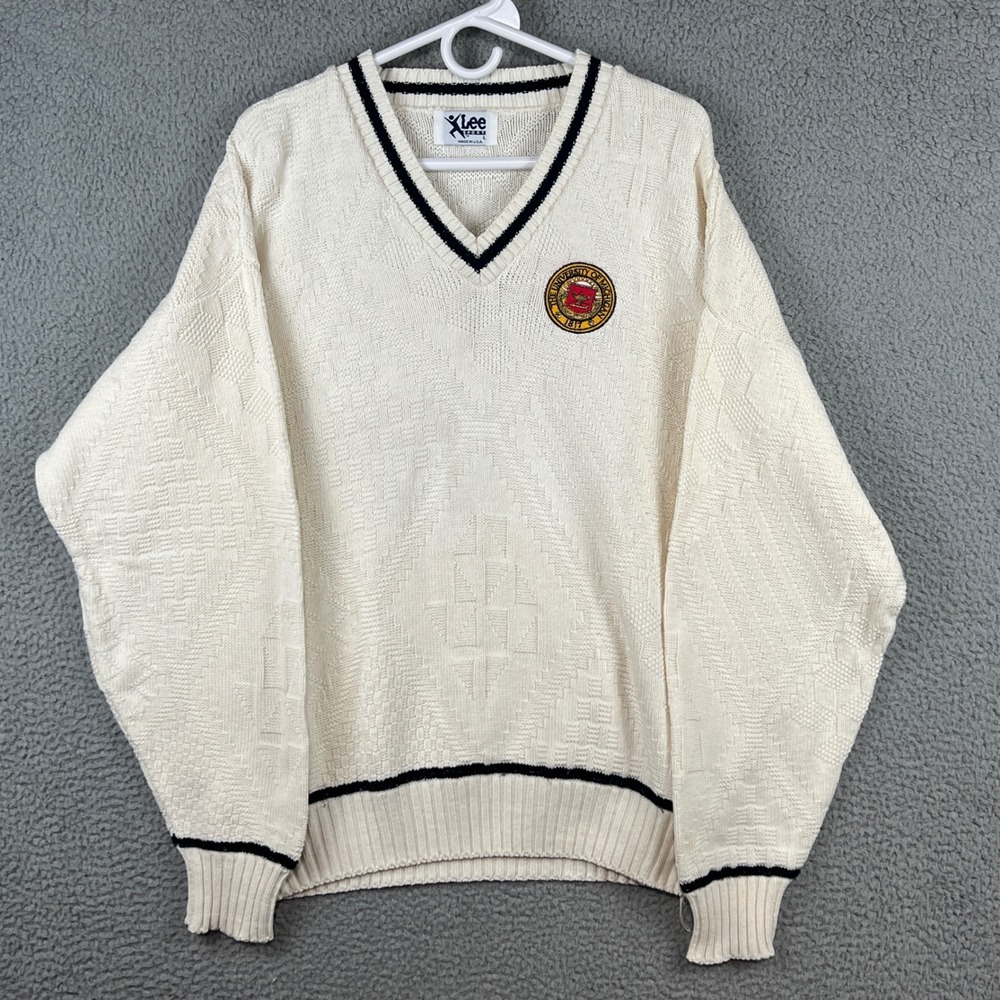 Vintage Lee Sport University of Michigan Sweater Men L Cream Textured Knit USA